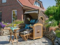 Bullaugen Strandkorb PURE® Madura XXL Teak Hyacinth Dessin 469 -Gartenmöbel Verkäufe deVries strandkorb pure madura xxl twisted hyacinth dessin 469 ambientebild 2 627x627