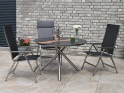 Gartenstuhl Edelstahl Klapp Hochlehner Palladium Silvergrey -Gartenmöbel Verkäufe devries gartentisch willington rund welle patina rock ambientebild 627x627