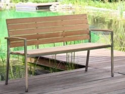 Edelstahl Teakholz Bank Valis 150cm 3-Sitzer -Gartenmöbel Verkäufe edelstahl teakholz gartenbank valis 3 sitzer ambientebild 627x627