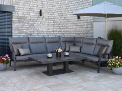 5-teiliges Alu Eck Loungeset Providence HPL Lifttisch 160x90cm -Gartenmöbel Verkäufe loungeset ecke providence gartentisch hoehenverstellbar ambientebild 2 627x627
