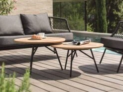 Frida Beistelltisch Alu Schwarz Matt Teakholz Ø65x42cm -Gartenmöbel Verkäufe stern frida beistelltisch alu teakholz 415550 4415551 ambientebild 2 627x627